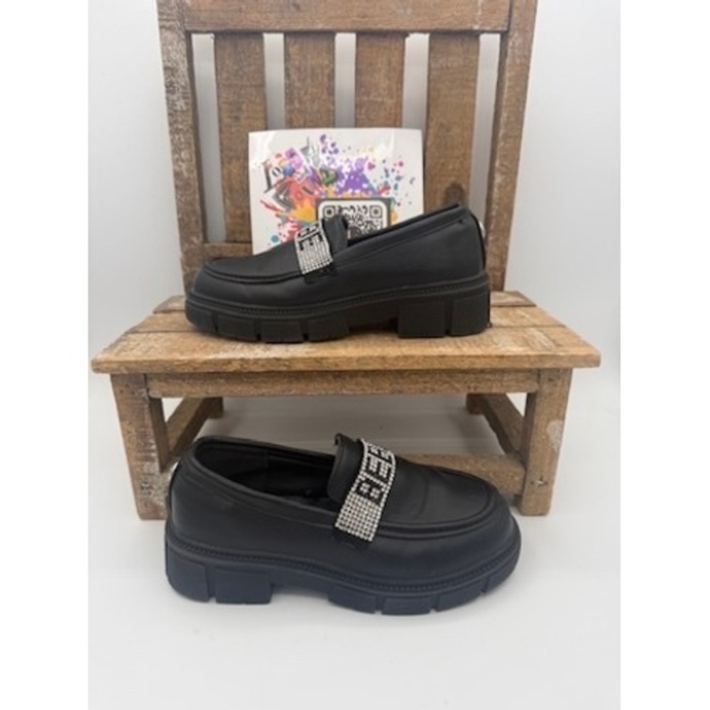 Bebe Girls Black‎ Lug Sole Loafers Rhinestone Logo Strap Size 11 Toddler Little